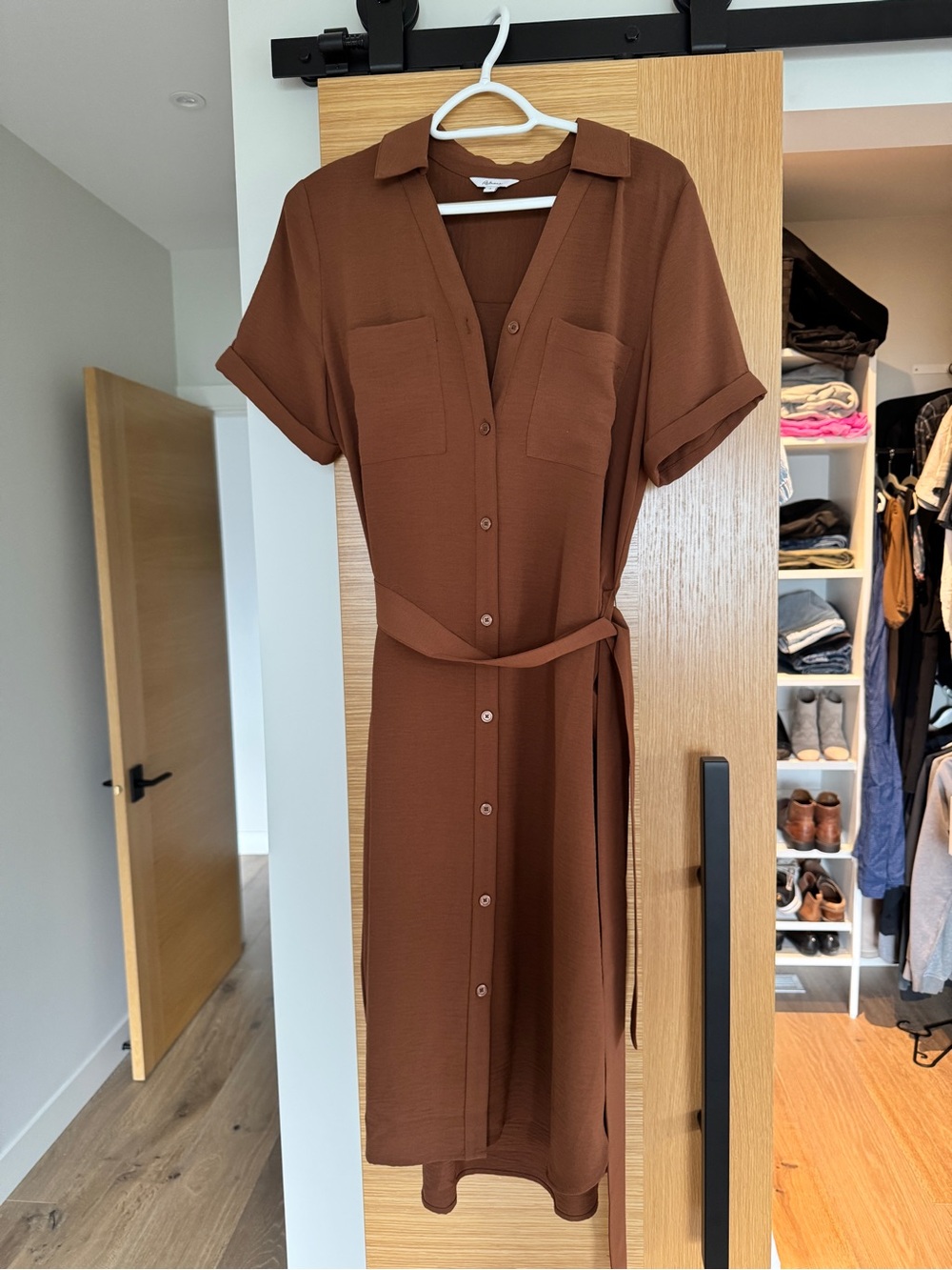 Reitmans Brown Button-Front Midi Shirt Dress with Tie Waist